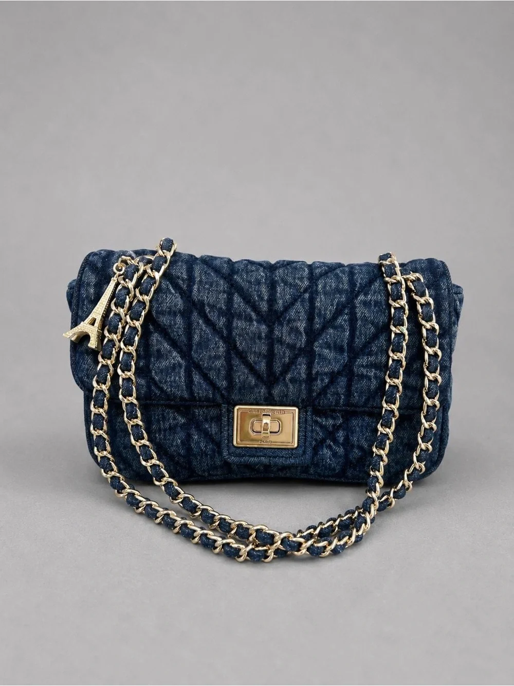 KARL LAGERFELD PARIS Blue Quilted Turn Lock Chain Strap Shoulder Bag